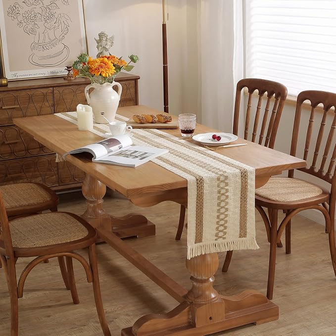 Boho Summer Table Runner with Tassels 12 x 72 Inches Long, Cream & Brown Rustic - Image 2