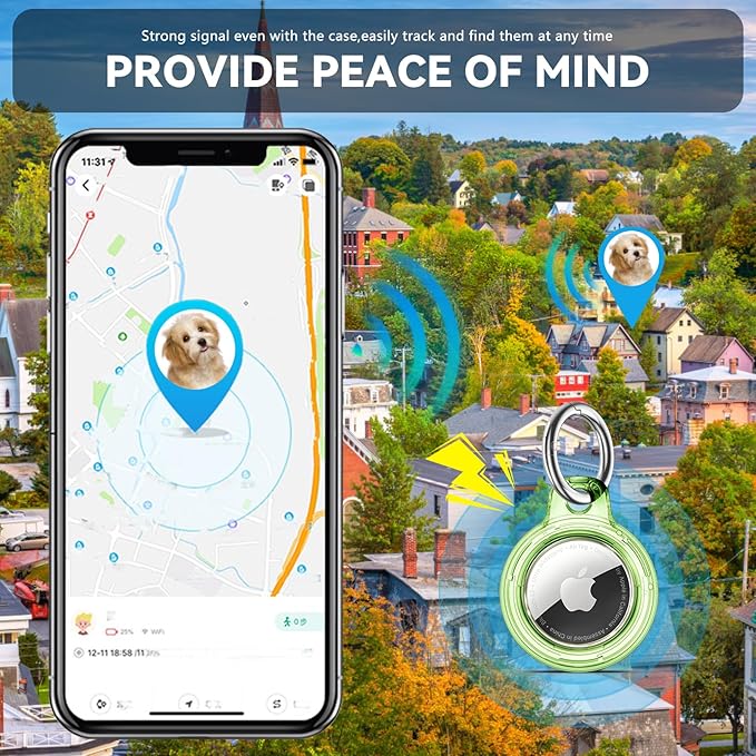 Upgrade Waterproof 4 Pack Airtags Holder with Apple Airtags Keychain, Hard PC Clear Air Tag Case, Anti-Scratch & Shock Air tag Holder, Men's Women's Keyrings & Keychains-Black+Chartreuse+Green+Blue