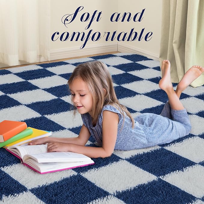 Super Soft Rug for Bedroom, 5x7 ft Blue and White Area Rug Classic Checkered - Image 8