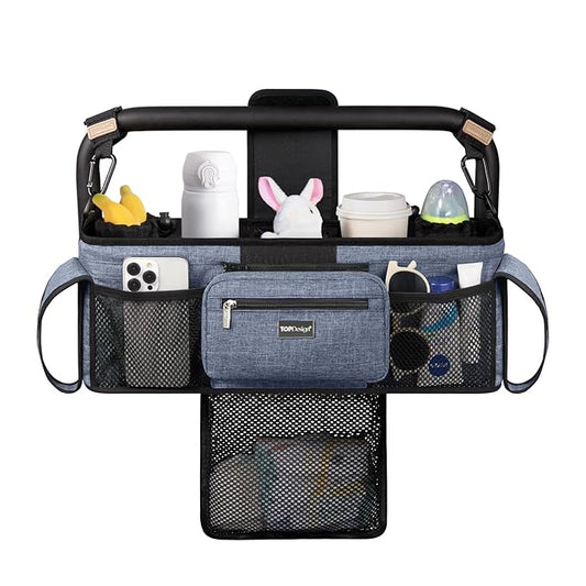 TOPDesign Universal Baby Stroller Organizer, Double Stroller Caddy with Detachable Mesh Bag & Heightened Insulated Cup Holders & Non-Slip Secure Hooks Accessories, Fits Most Strollers (Blue)