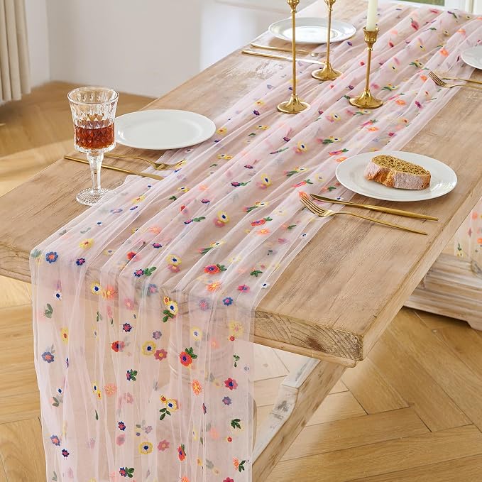 BINBE 3pcs Pink Daisy Spring Table Runner Embroidery Gauze 10FT Florals - Image 2