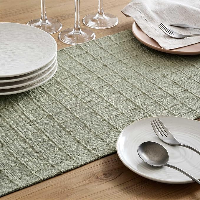Artisanal Grid Linen Table Runner, 13x48 Inches Seeding Green | Heavy Textured - Image 6