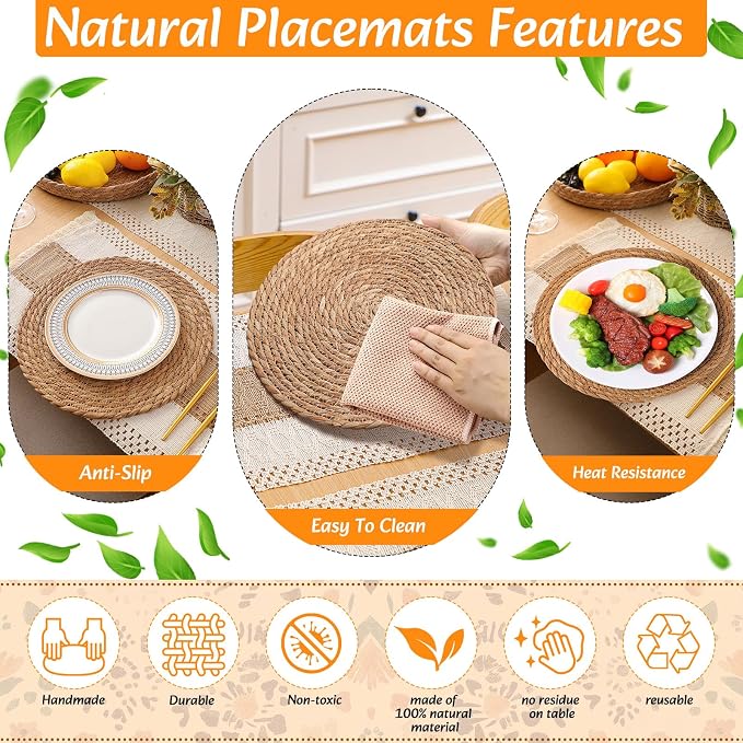 6 Sets Boho Decoration Placemats Round Woven Placemats, Cloth Napkins, Wood - Image 6