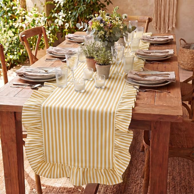 HunnmingRe Ruffle Trim Boho Table Runner Farmhouse Rustic Stripes Scalloped - Image 7