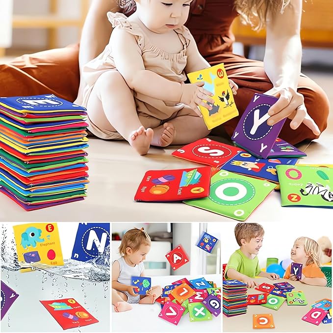 Early Childhood Enlightenment 26 Pieces Toddler Soft Alphabet ABC Letter Number Flash Cards Baby Cloth Bath Book Infant Crinkle First Toys Sensory Learning Flashcards (Letter)
