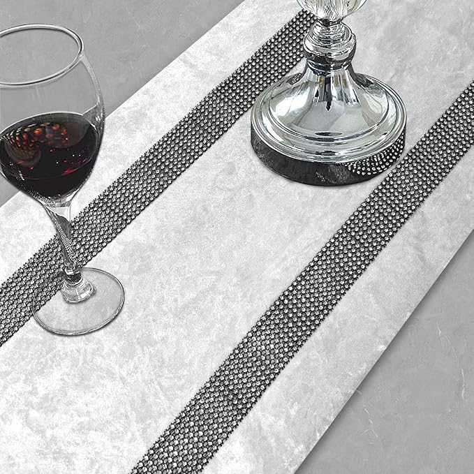 Elegant Bling Rhinestone Creamy White Table Runner, Ombre Velvet, Double-Layer - Image 2
