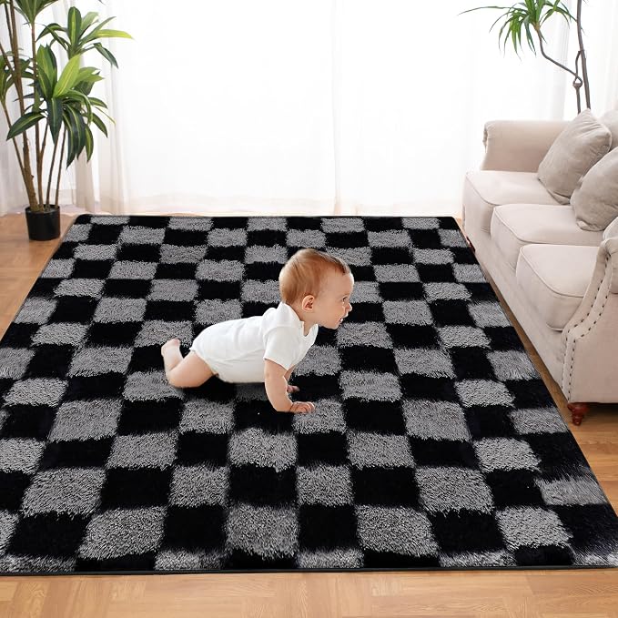 Super Soft Rug for Bedroom, 6x9 Ft Grey and Black Area Rug Classic Checkered by TOOHUB