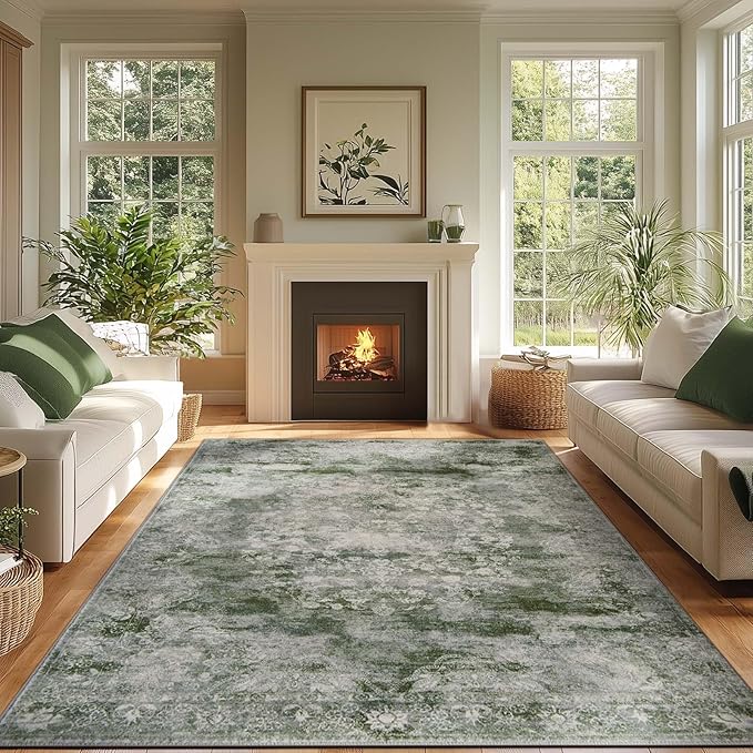 jinchan Washable Area Rug 8x10 for Living Room - Soft Faux Wool Ultra-Thin Stain Resistant Non-Slip Distressed Vintage Floral Large Carpet for Bedroom,Dining Room,Home Office,Nursery(Green, 8'x10')
