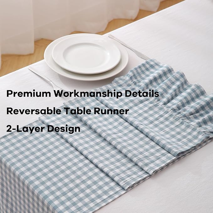 Dust Blue White Plaid Gingham Ruffle Table Runner 90 inches Long 100% Washed - Image 5