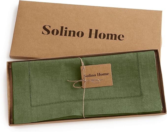 Solino Home 100% Pure Linen Dining Table Runner Olive Hemstitch, 14 x 60 in | - Image 6