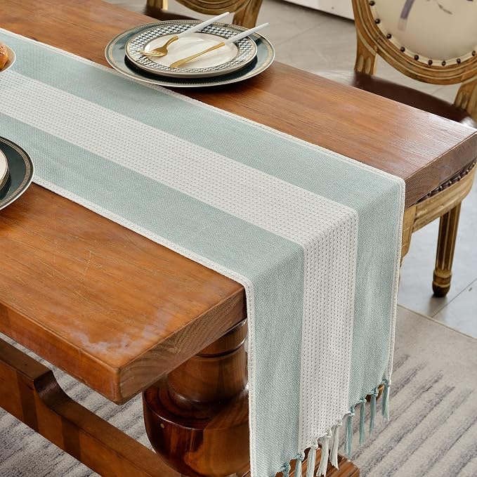 Wracra Linen Table Runner, Stripe Table Runners 108 Inches Long Aque Blue | - Image 6