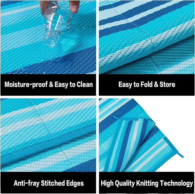 Outdoor Plastic Straw Rug Waterproof Patio 5x8 Blue Teal Stripe Mat - Image 7