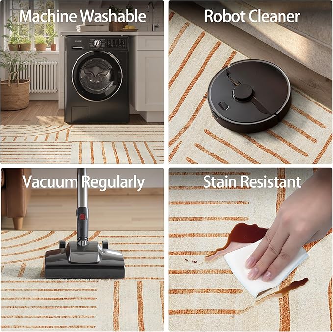 DCX Beige Machine Washable Area Rug 9x12, Midcentury Modern Non Slip Stain - Image 7