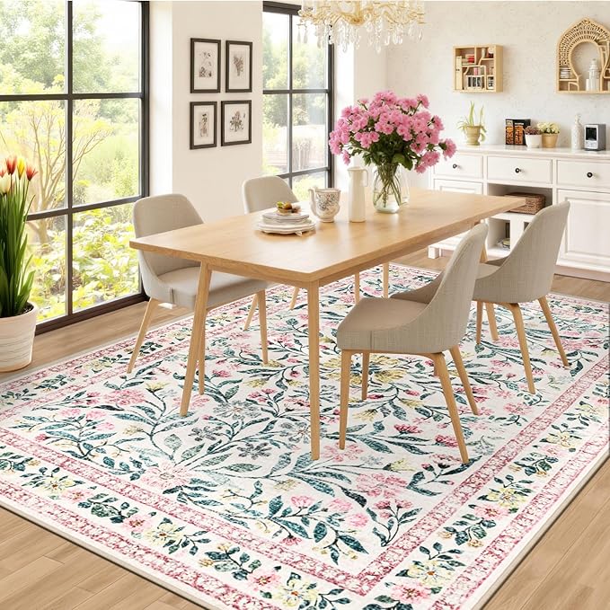 Area Rug Living Room Rugs: Floral 5x7 Washable Rug Vintage Soft Boho Non-Slip - Image 4