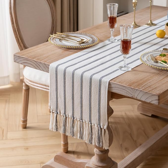 Caflife Boho Table Runner 108 Inchs Long Brown and Beige, Cotton and Linen Woven - Image 2