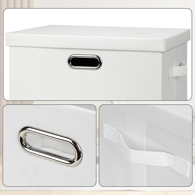 Large 17" 36 Quart Collapsible Stackable Storage Bins with Lids, 1 Pack White Foldable Fabric Closet Storage Boxes with Lids, 4 Handles Heavy-duty Linen Cube Baskets for Bedroom