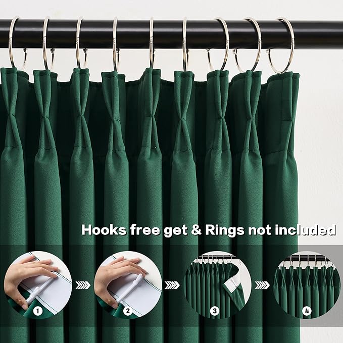 KEQIAOSUOCAI Hunter Green Blackout Curtains with Pinch Pleat, Dark Emarald Green Room Darkening Curtain 84 Inches Long, Thermal Insulated Window Treatment with Hooks 40x84-2PCs