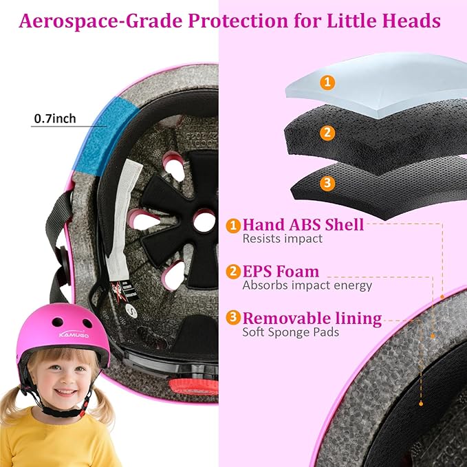 KAMUGO Kids Adjustable Helmet, with Sports Protective Gear Set Knee Elbow Wrist Pads for Toddler Age 2-8 Boys Girls, Bike Skateboard Hoverboard Scooter Rollerblading Helmet Set