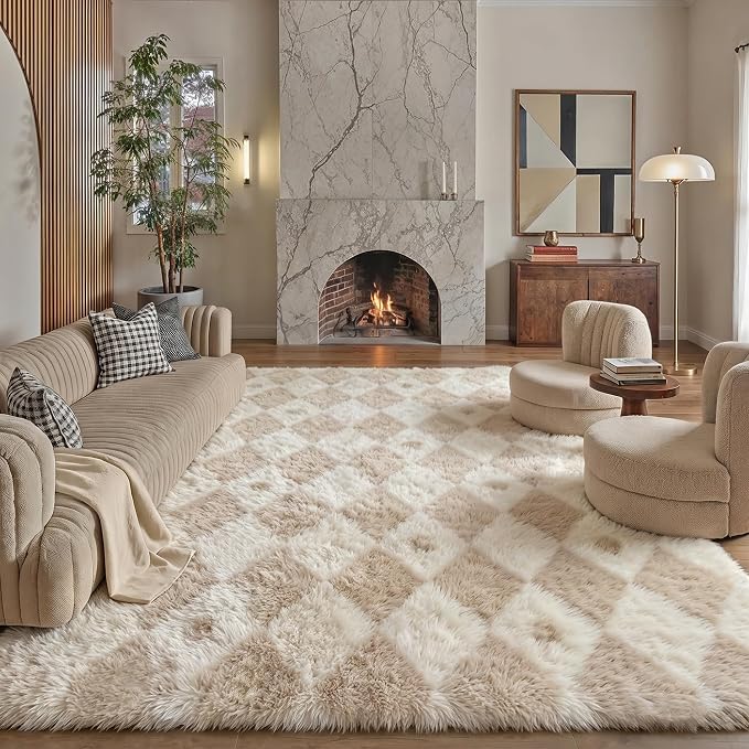 PureCozy Checkered Rug 6x9 Fluffy Shag Living Room Beige Area Rug Modern by PureCozy