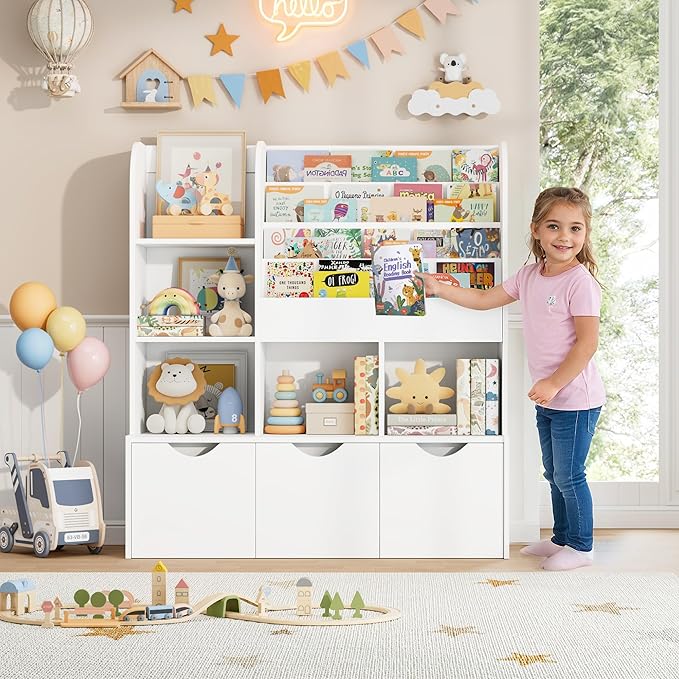 FOTOSOK 47'' Kids Bookcase and Bookshelf, Multifunctional Bookcase with 5 Storage Cubbies and 3 Movable Drawers, Toy Storager Display Stand, Toy Storage Organizer for Bedroom, Playroom, Hallway, White