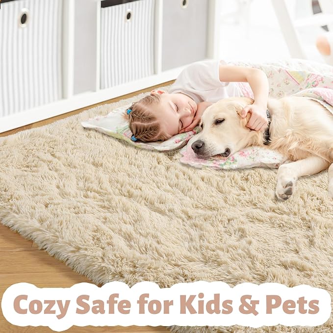 Amdrebio Beige Area Rugs for Bedroom Kids Room, 5x7 Fluffy Plush Shag Furry - Image 2