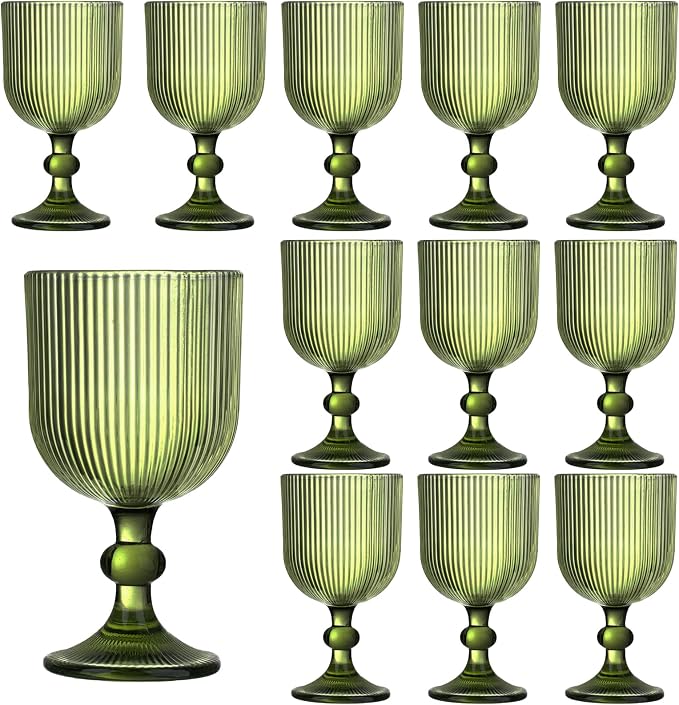 12 Pcs Green Vintage Wine Glasses, 11 Ounces Colored Glass Water Goblets by XKXKKE
