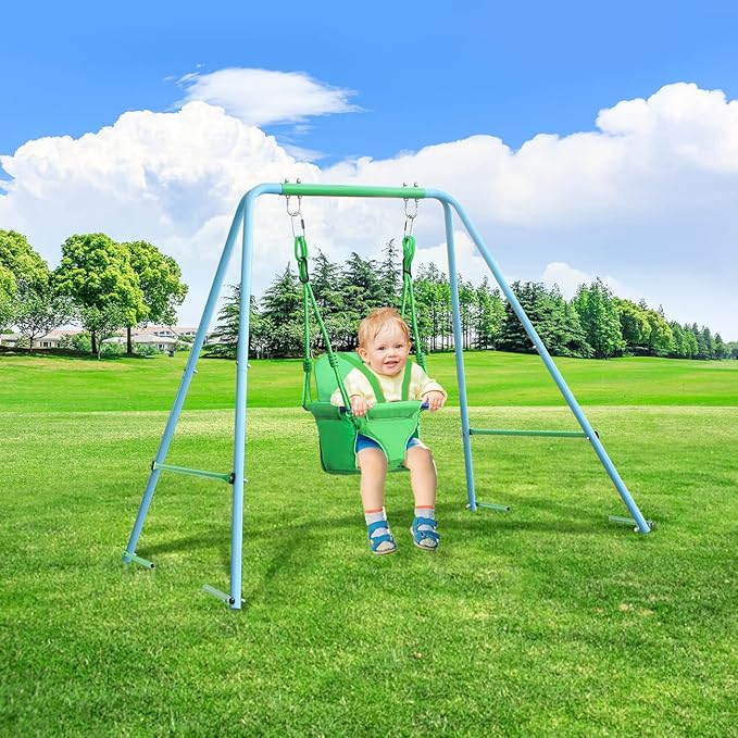 2-in-1 Toddler Swing Set with Metal Stand, Safety Belt & 4 Anchors - A-Frame Swing for Kids 6 Months+ (Blue, Indoor/Outdoor Backyard Playground)