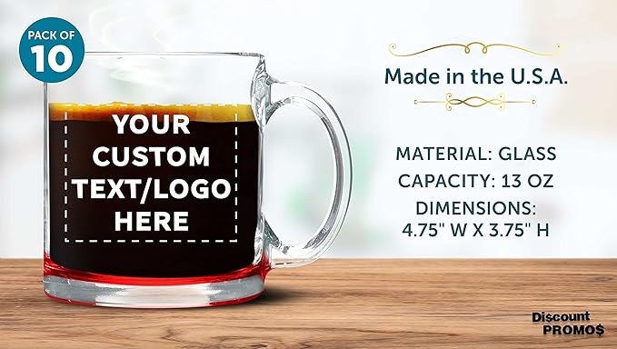 Custom Libbey Clear Glass Coffee Mugs 13 oz. Set of 10, Personalized Bulk Pack - Perfect for Coffee, Tea, Espresso, Hot Cocoa, Other Beverages - Red Bottom