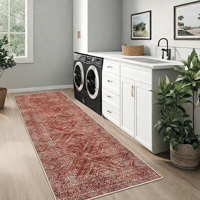 COZYLOOM 2x8 Rug Modern Indoor Area Rug Machine-Washable for Living Room or Bedroom Softness Foldable Carpet for Easy Storage Geometric Design Non Slip Rug Stain Resistant Carpet, Brick Red