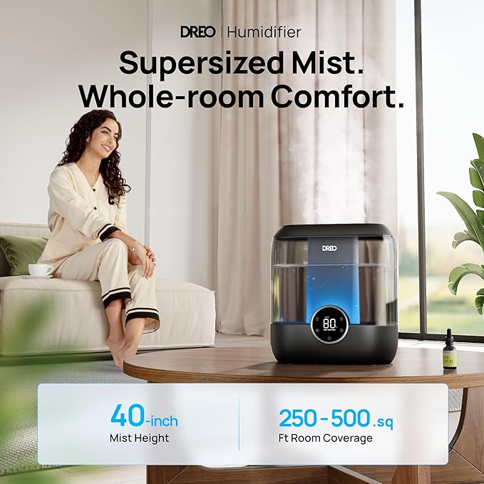 Dreo 6L Top Fill Humidifiers for Bedroom, 60H Runtime Supersized Cool Mist Humidifier for Large Room, 28 dB Quiet Baby Air Humidifiers for Nursery, Plants, Indoor, Night Light, LED Display, Ultrasonic