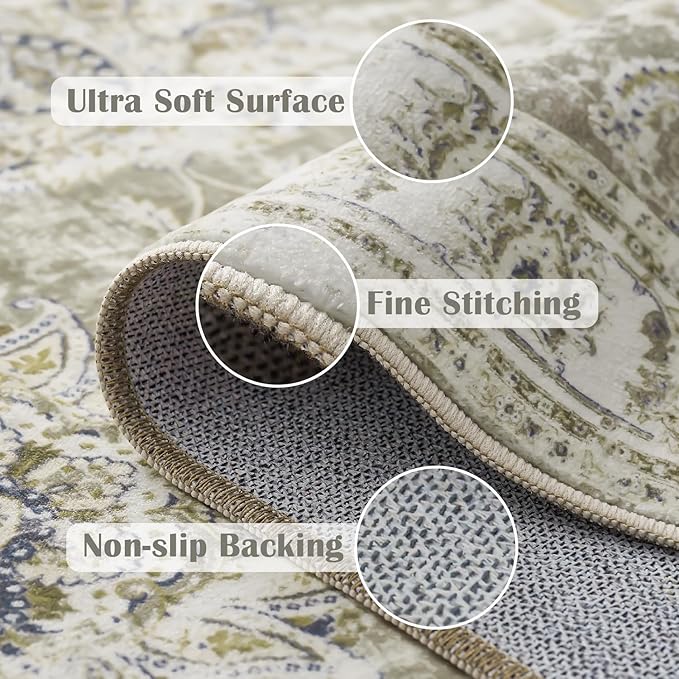 jinchan Hallway Runner Rug 3x8 Washable Runner - Vintage Floral Non Slip Low-Pile Soft Thin Faux Wool Kitchen Rug Distressed Carpet for Farmhouse Bedroom Laundry Room(3x8ft,Taupe)