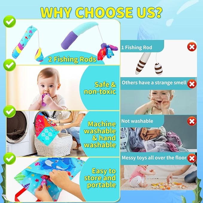 Montessori Cloth Fishing Game Toy for Kids, 23PCS Stacking Cups with Numbers Counting, Color Sorting & Shape Learning, Toddler Educational Toys for Babies, Birthday Easter Gift for Boys Girls