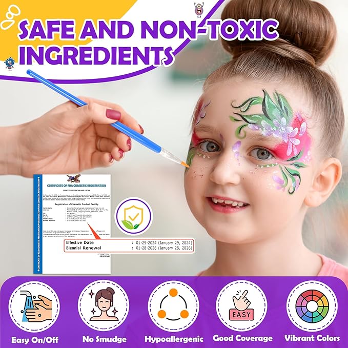 Face Painting Kit for Kids, 24 Colors Water Based Non-Toxic Face Paint with Stencils & Brushes, Professional Body Makeup Set for Halloween, Birthday, Parties with Guide Book Art and Craft Art Supplies
