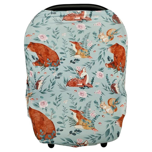 Baby Car Seat Cover, Multi-use Nursing Cover for Breastfeeding, Stretchy Stroller Cover Boys Girls, Stretchy Carseat Canopy, Soft Breathable, Woodland Animal Bear