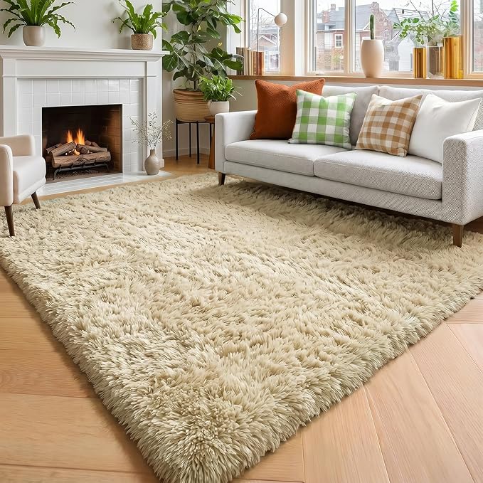 Amdrebio Beige Area Rugs for Living Room Bedroom, 6x9 Fluffy Plush Shag Furry by Amdrebio