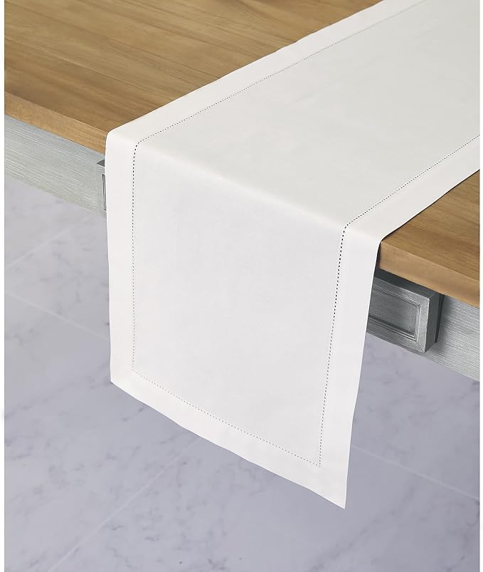 Solino Home Cotton Linen Dining Table Runner White Hemstitch, 14 x 108 in | - Image 2