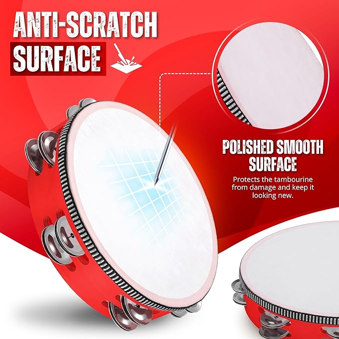 Flexzion Wood Handheld Tambourine Adults 8-Inch Double Row 8-Pair Jingles (Red) - Percussion Round Tamborines Musical Instrument with Metal Zills