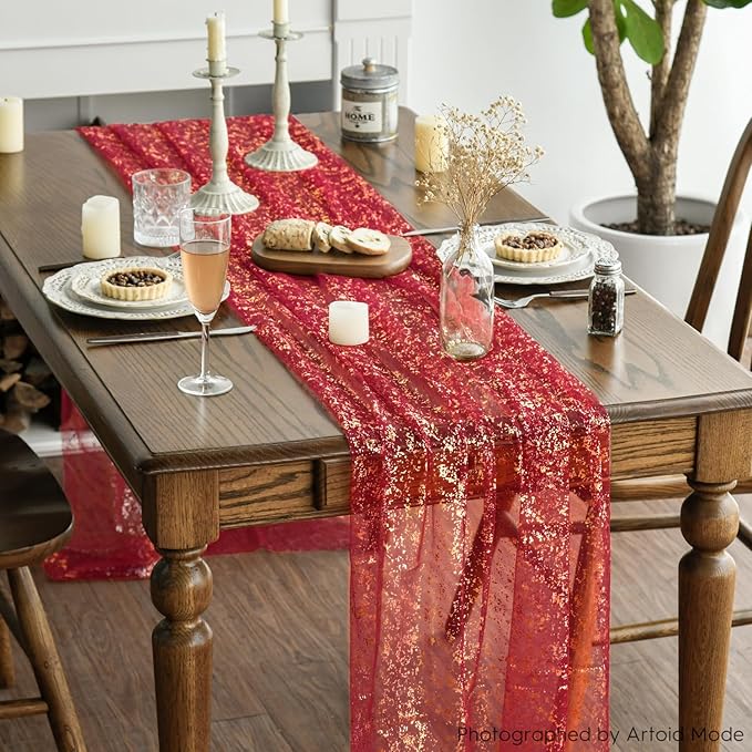 Artoid Mode Red Gold Gauze Table Runner 120 Inch 10FT, Glitter Metallic Foil - Image 4