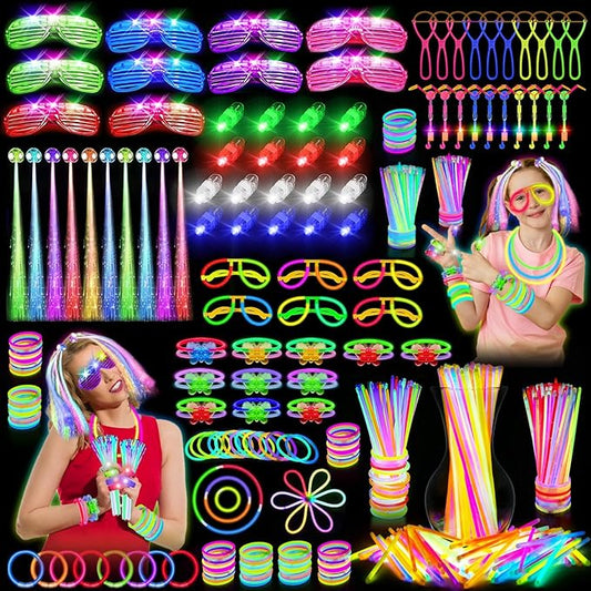 Glow in the Dark Party Supplies, 264 PCS Light Up Party Favors with LED Glasses,Glow Sticks,Finger Lights,LED Hair Clips,Slingshot,Glasses Molds,Butterfly Bracelet for Birthday,Raves,New Year