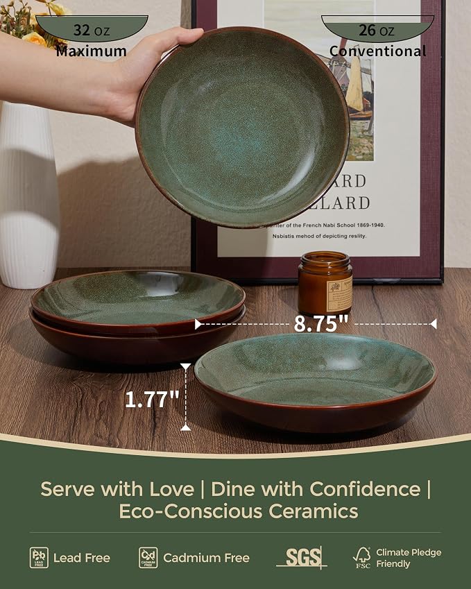 Stoneware Pasta Bowls Set of 6, 8.75 Inch Ceramic Bowl Set 32 Oz, Microwave & - Image 2