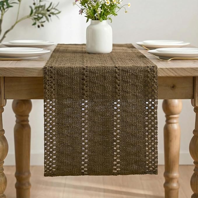 Artoid Mode Coffee Woven Farmhouse Hollow Table Runner 12x36 Inch | Holiday - Image 3
