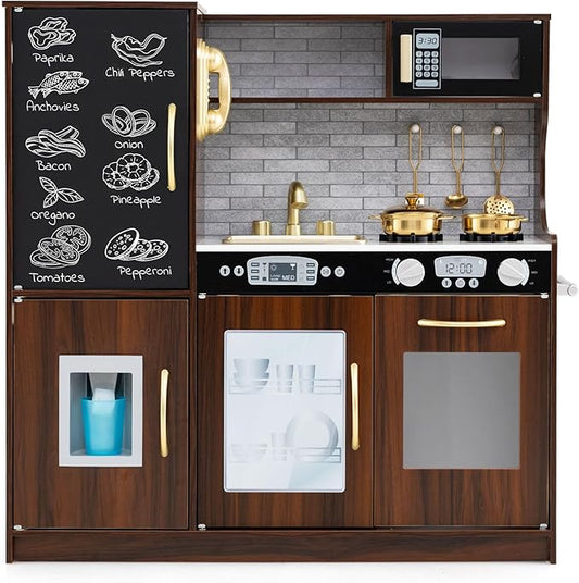 HONEY JOY Kids Kitchen Playset, Wooden Little Chef Pretend Toy Kitchen Set w/Chalkboard, Telephone, Utensils, Oven, Microwave, Sink, Storage, Play Kitchen for Toddlers Boys Girls, Espresso