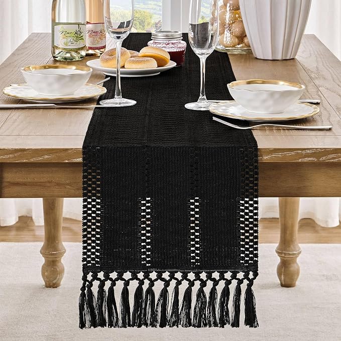 Macrame Style Boho Table Runner, 12x108 Inch Black | Woven Boho Table Runner - Image 2