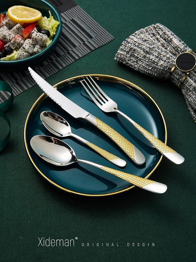 Xideman® 16-Pc Gold Silver Hammered 18/10 Stainless Steel Silverware Set | - Image 2