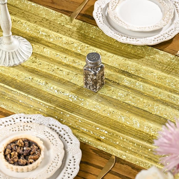 Artoid Mode 3PCS Light Yellow Gold Gauze Table Runner 120 Inch 10FT, Glitter - Image 4