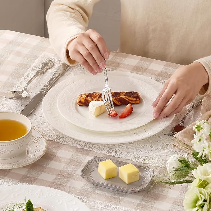 12Pcs Vintage Relief White Bone China Set, Service - Image 5