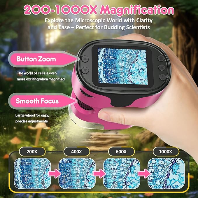 1000X Handheld Microscope for Kids 4K 2.0" Screen Rechargeable Mini Pocket Digital Microscopes w/Slides Kit Portable Edu Gift Age 4-6 8-12 Children Students (Pink)