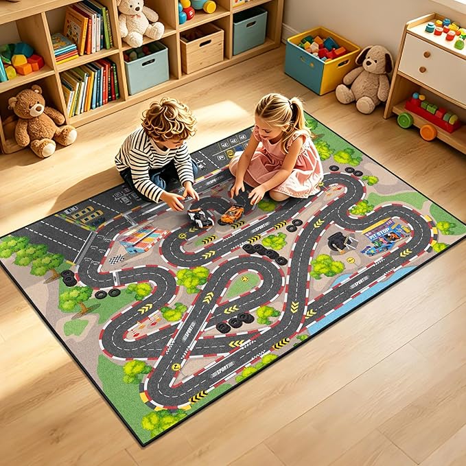 Kids Car Rug Play Mat, 8x10 ft Race Track Road Rug - Image 7