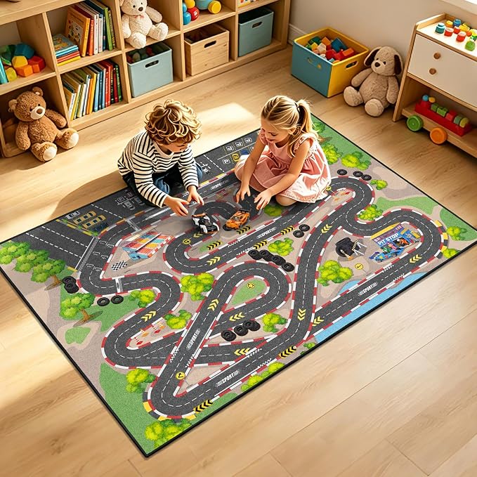 Kids Car Rug Play Mat, 3x5 ft Race Track Road Rug - Image 6