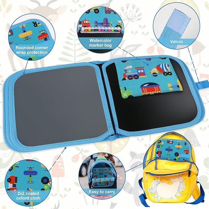 Erasable Doodle Set for Kids - Magic Drawing Book With 12 Watercolor Pens, 14 Page Reusable Book, Road Trip Car Game Writing Painting Set for Boys and Girls